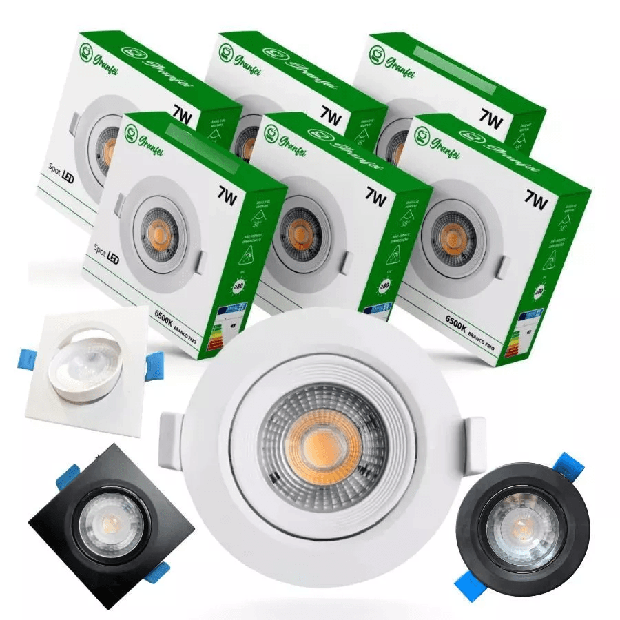 Kit 5/20 Luminária Led Spot 7W Branco Preto Redondo Quadrado Branco Frio Neutro Quente Bivolt